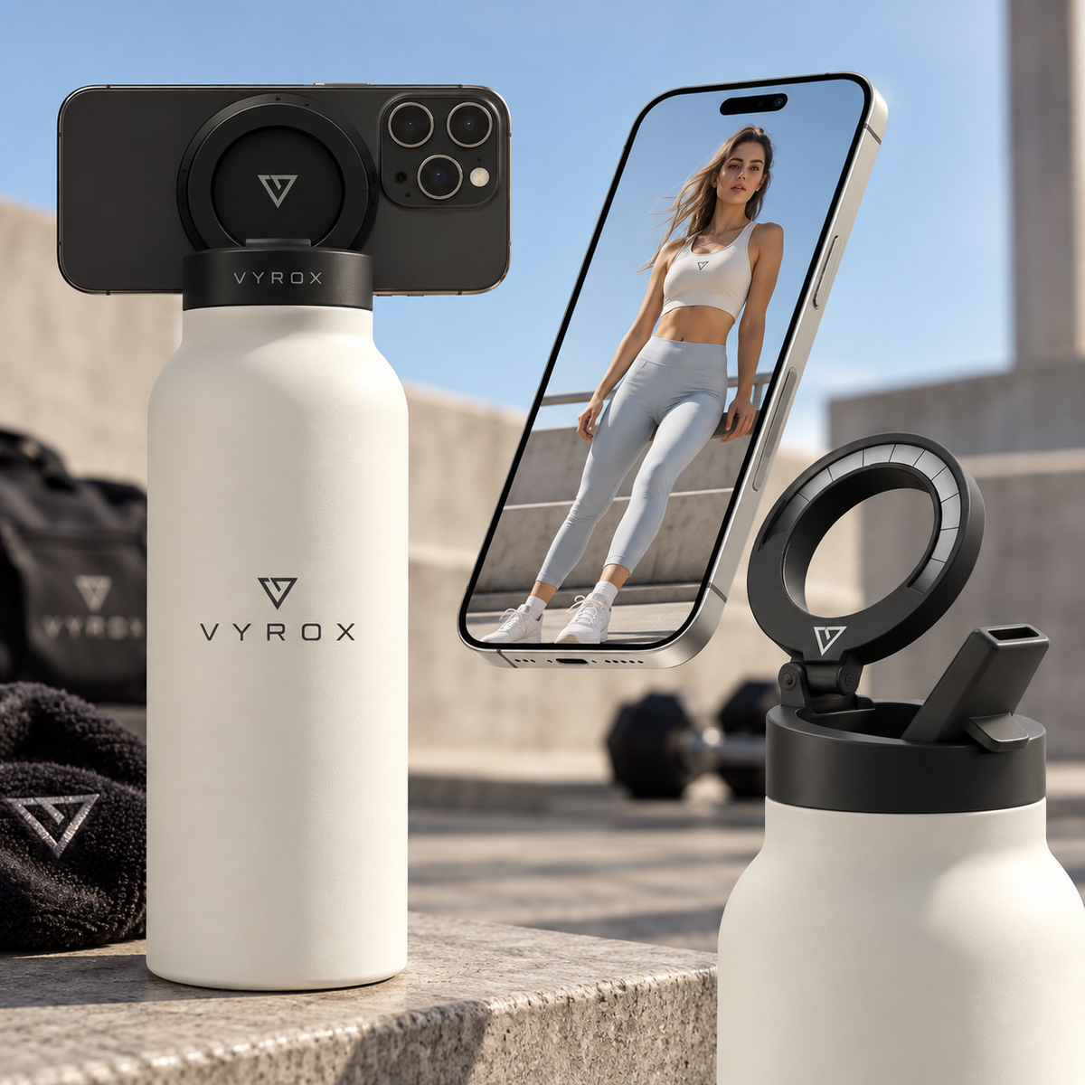 VYROX MagBottle™ – Botella Magnética con Soporte para Móvil
