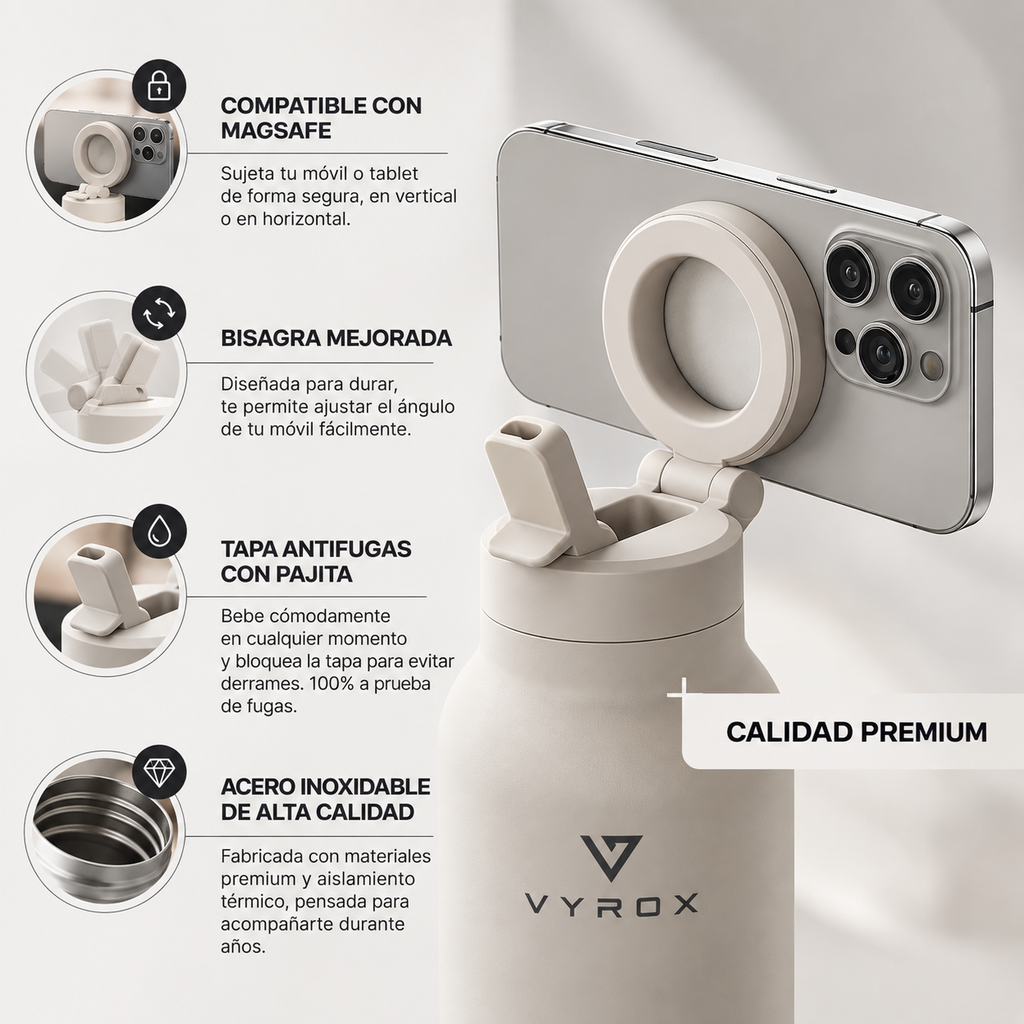 VYROX MagBottle™ – Botella Magnética con Soporte para Móvil