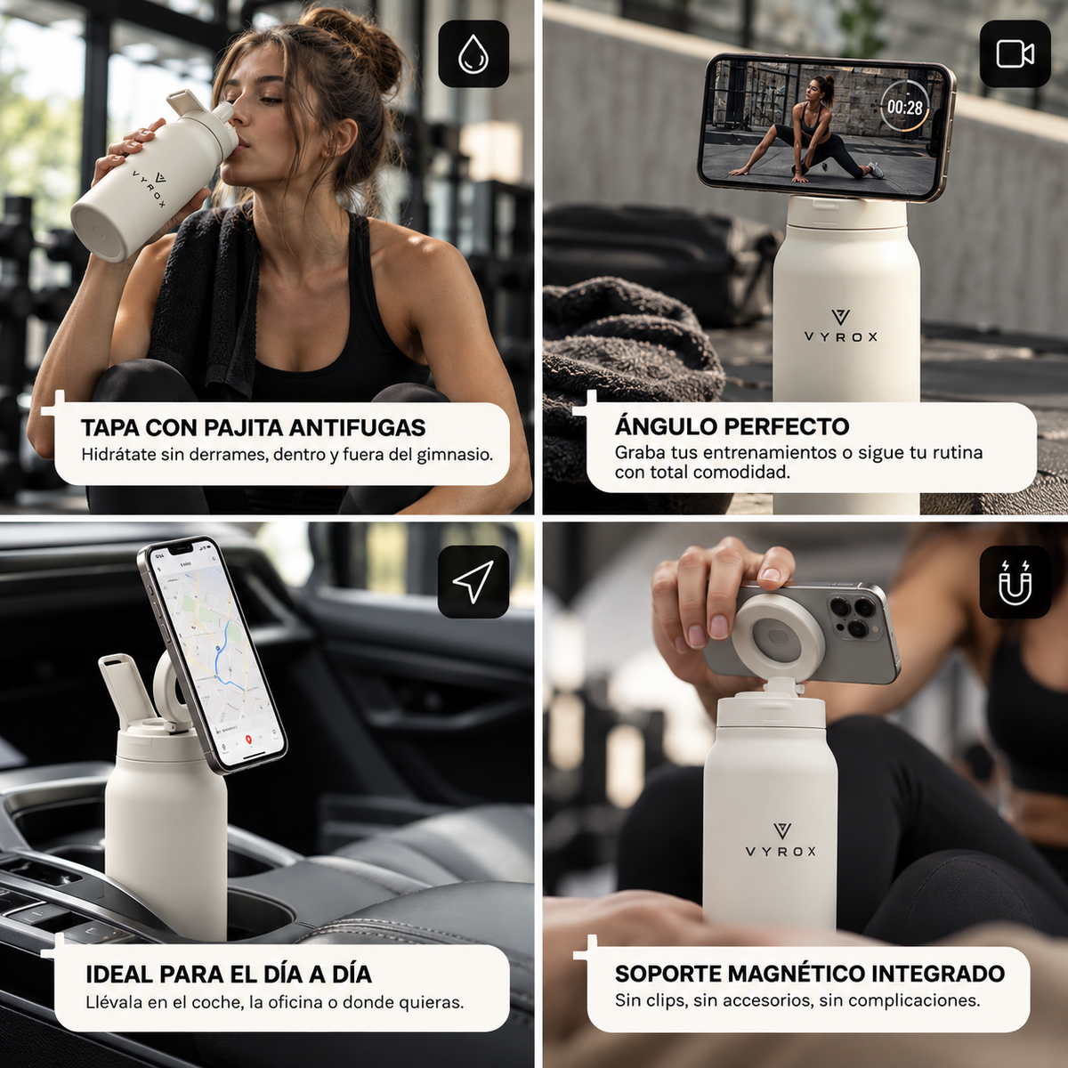 VYROX MagBottle™ – Botella Magnética con Soporte para Móvil