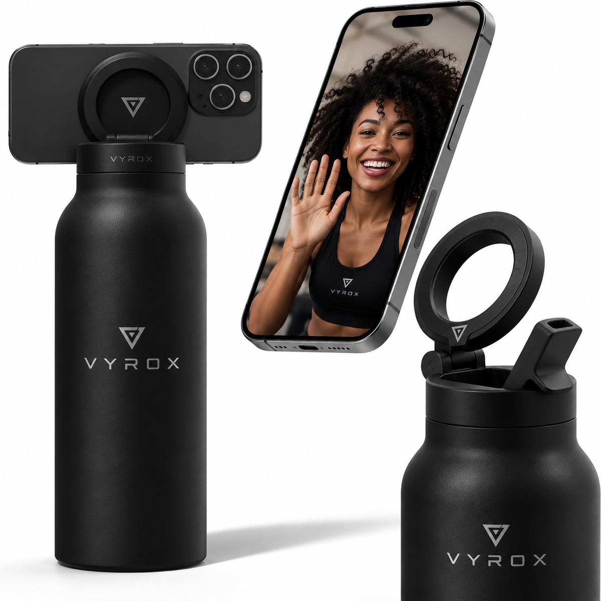 VYROX MagBottle™ – Botella Magnética con Soporte para Móvil
