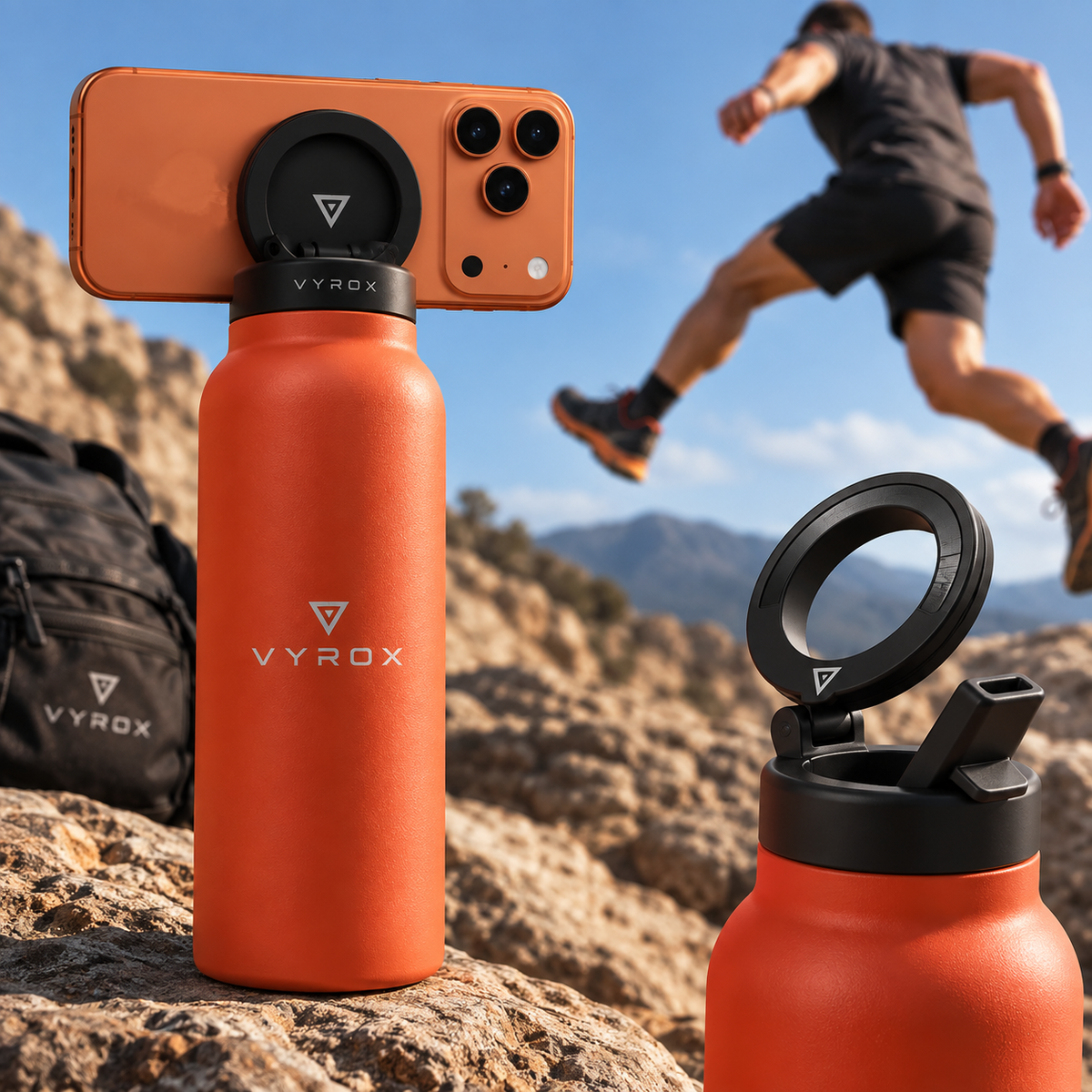 VYROX MagBottle™ – Botella Magnética con Soporte para Móvil